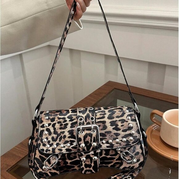 Women Y2K Leopard Shoulder Bag Punk Buckle Clutch with Studded Decor - Picture 3 of 6